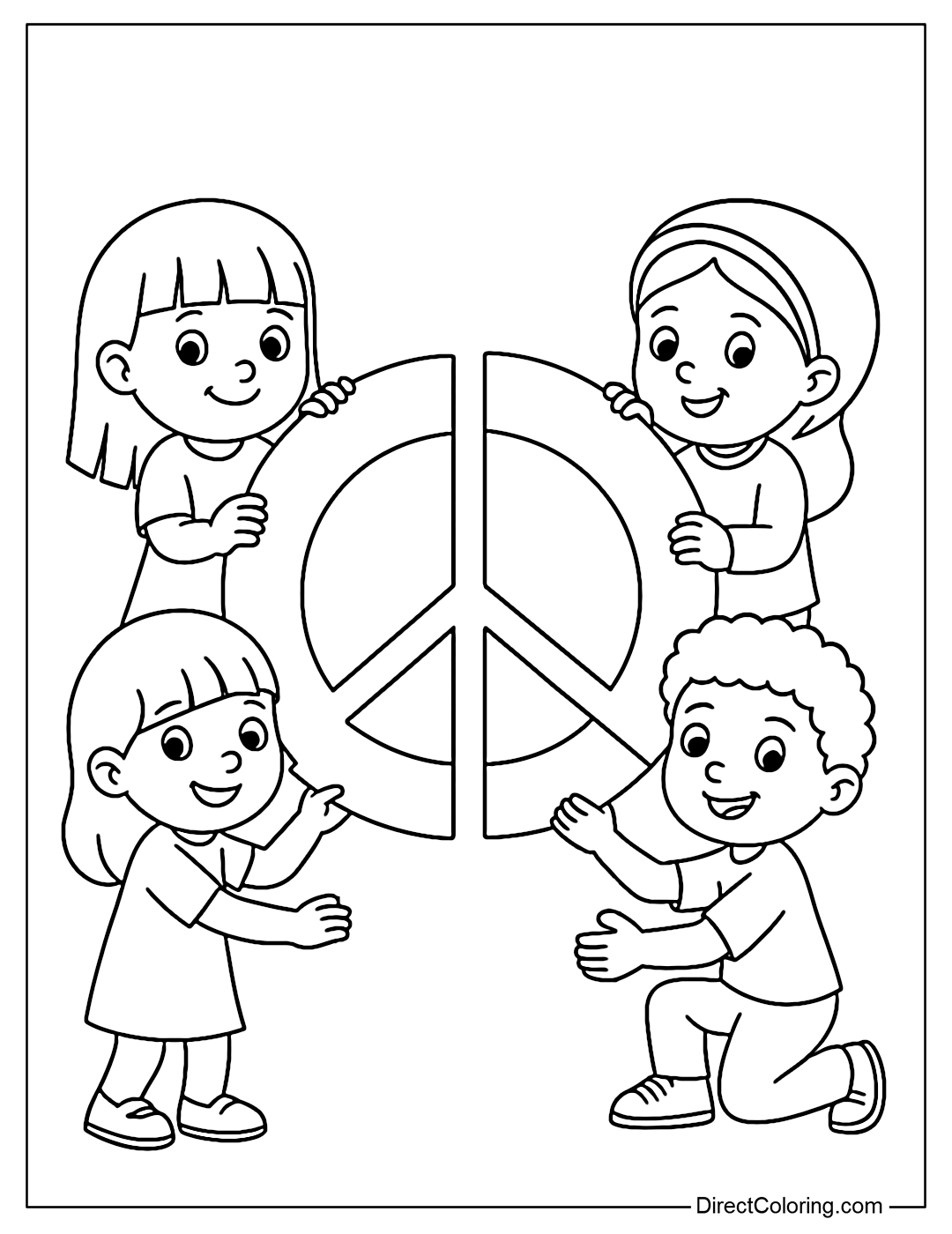 Coloring page of a group of children assembling puzzle pieces to form a peace symbol.